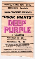 DEEP PURPLE - 1975 - Ticket - Eintrittskarte - Rock Giants - Bblingen